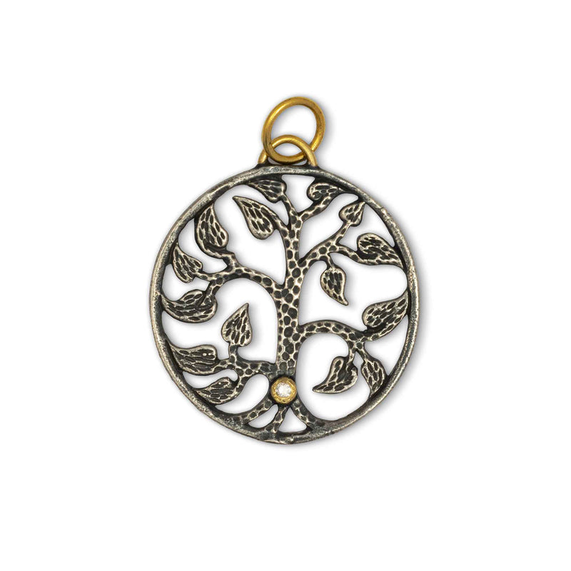 Tree of Life With Diamond Charm, Sterling Silver and 24K Yellow Gold