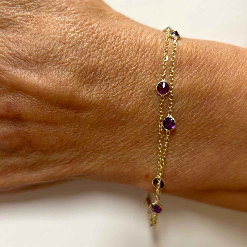 Two Strand Amethyst Bracelet, 7 Inches, 14K Yellow Gold