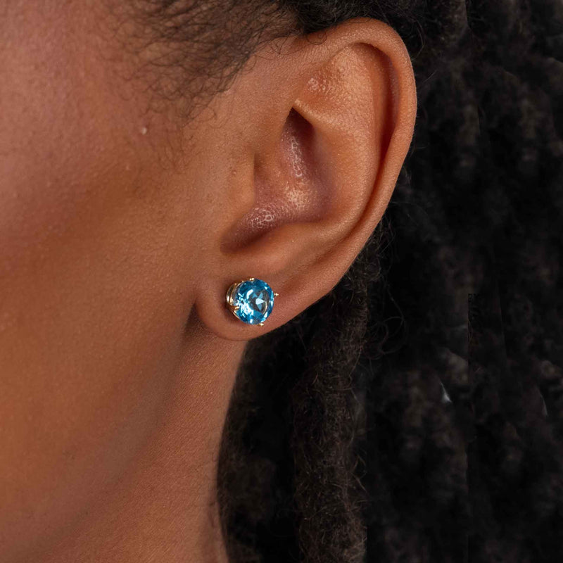 Round Blue Topaz Stud Earrings, 6 MM, 14K Yellow Gold