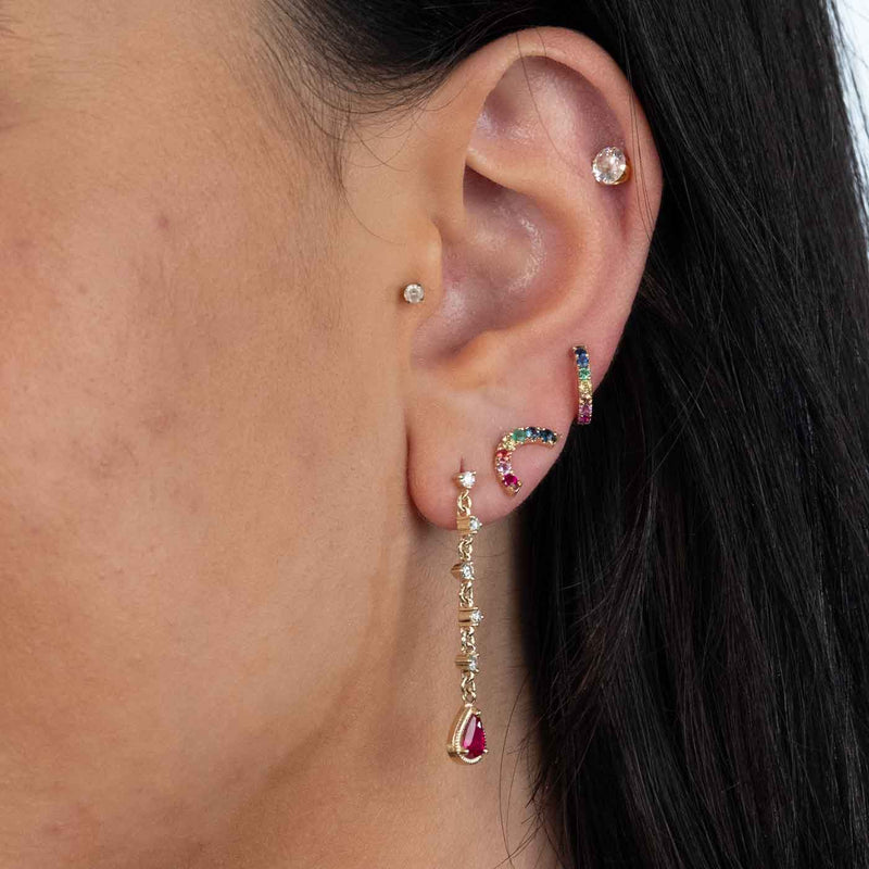 Multi Gemstone Huggie Hoop Earrings, 14K Yellow Gold