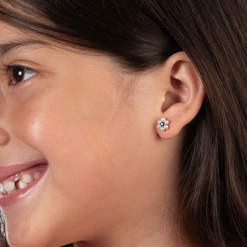 Petite Pearl With Sapphire Flower Earrings, 14K White Gold