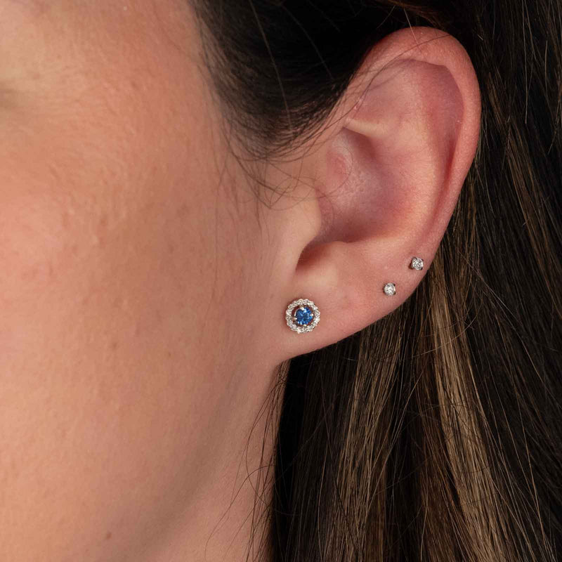 Blue Sapphire and Diamond Halo Stud Earrings, 14K White Gold