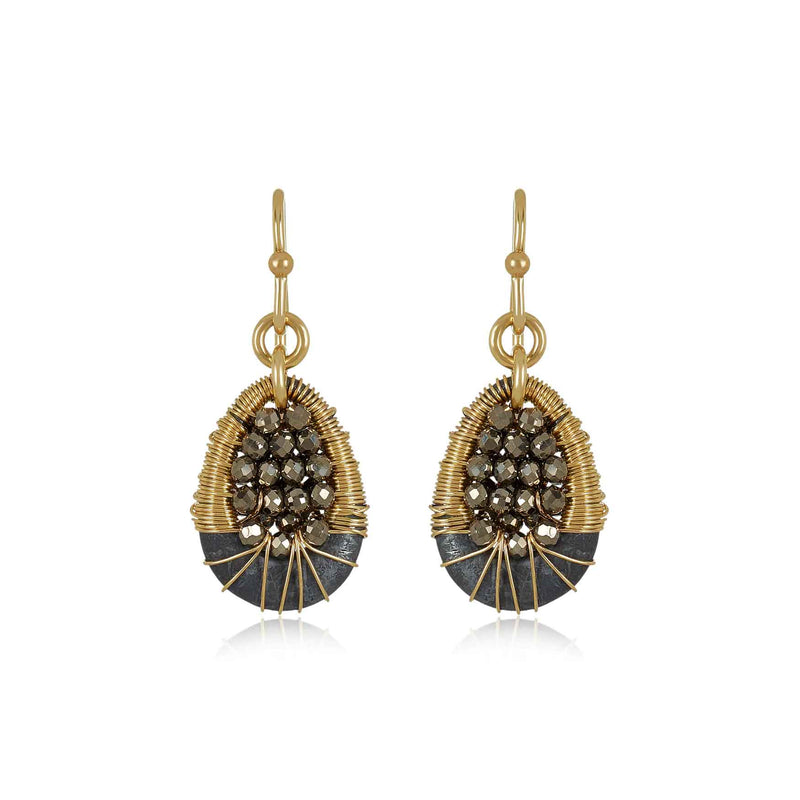 Pyrite Pear Shape Dangle Earrings, Yellow Gold Plating