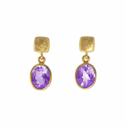 Amethyst Bezel Set Drop Earrings, 14 Karat Vermeil