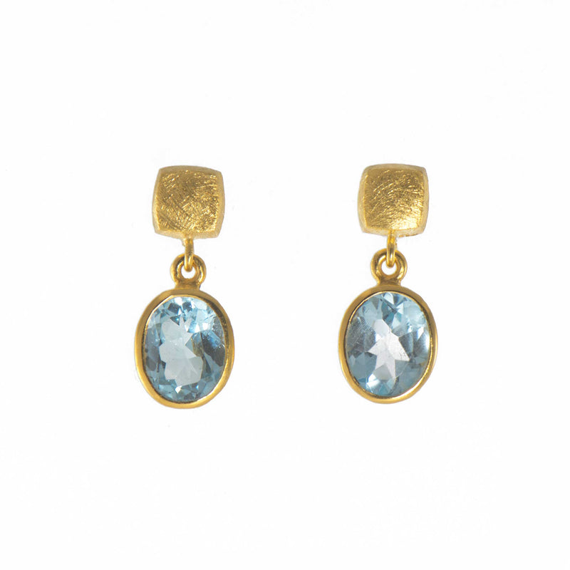 Blue Topaz Bezel Set Drop Earrings, 14 Karat Vermeil