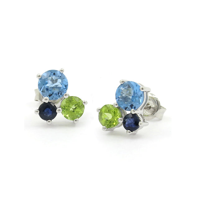 Blue Topaz, Peridot and Sapphire Cluster Earrings, 14K White Gold