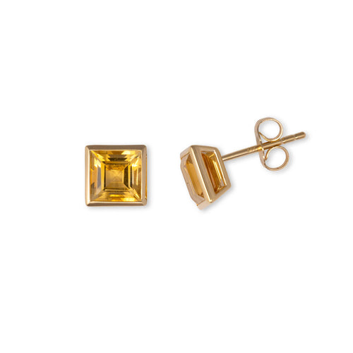 Citrine Square Cut Stud Earrings, 14K Yellow Gold