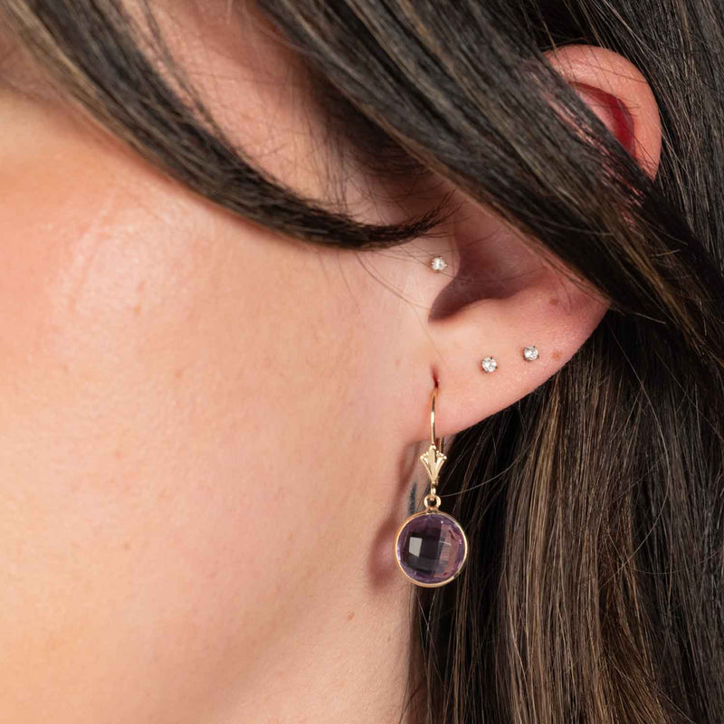 Round Amethyst Drop Earrings, 14K Yellow Gold