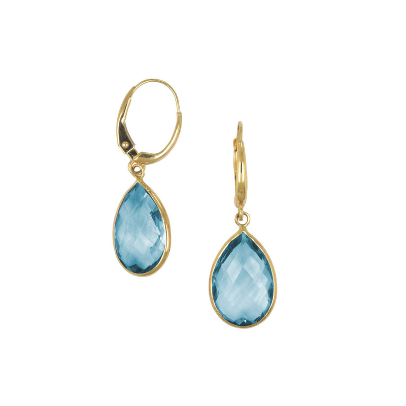 Pearshape Blue Drop Earrings, 14K Yellow Gold