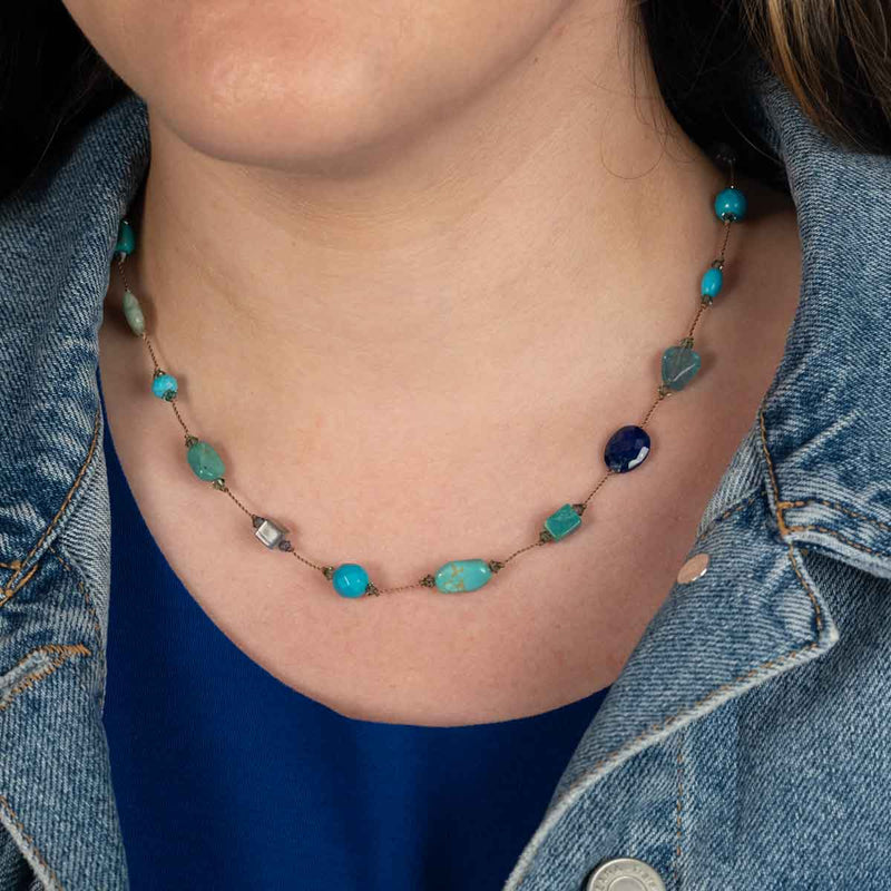 Multi Stone Blue Tone Necklace, 17 Inches, Sterling Silver