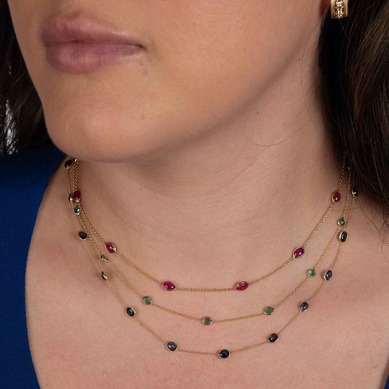 Faceted Sapphire Station Necklace, 18 Inches, 18K Yellow Gold