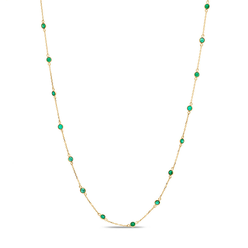 Emerald Round Station Necklace, 16 Inches, 18K Yellow Gold