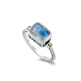 Rectangular Rainbow Moonstone Ring, Sterling Silver and Yellow Gold