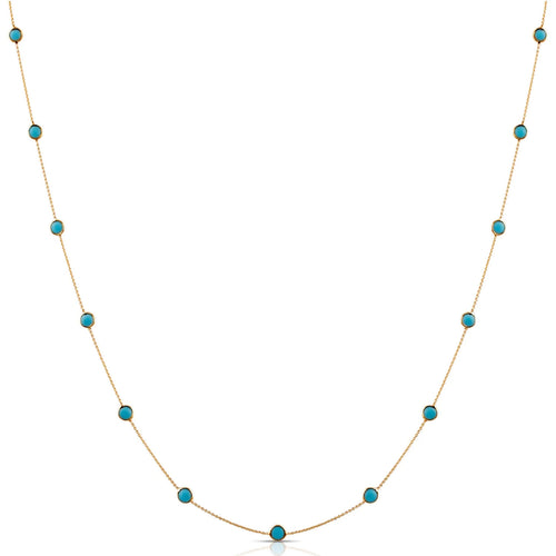 Turquoise Round Station Necklace, 18 Inches, 18K Yellow Gold