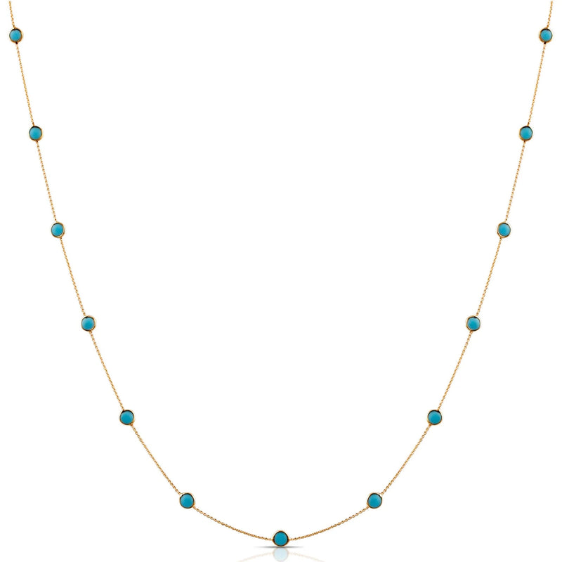 Turquoise Round Station Necklace, 18 Inches, 18K Yellow Gold