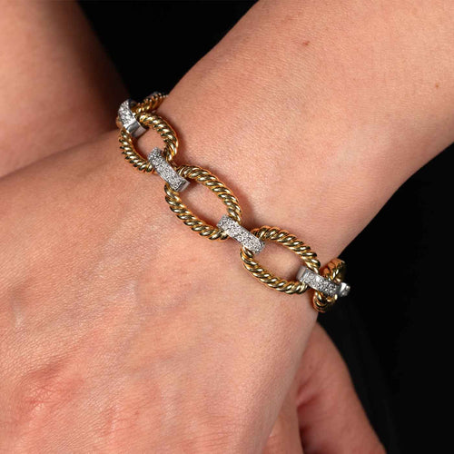 Oval Twist Link Gold Bracelet with Diamonds, .85 Carat, 14K Yellow and White Gold