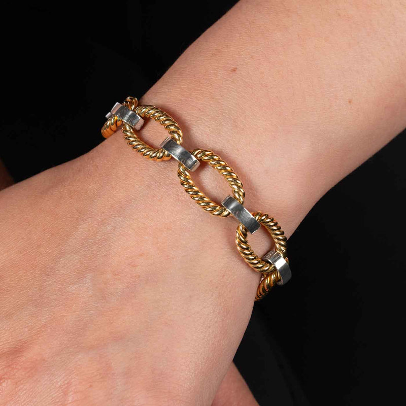 Oval Twist Link Gold Bracelet with Diamonds, .85 Carat, 14K Yellow and White Gold