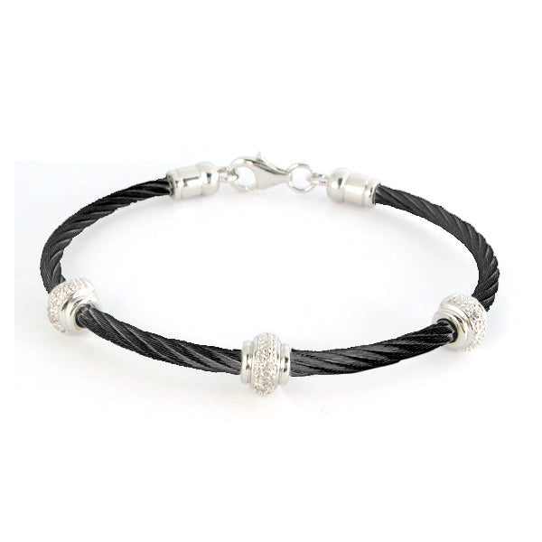 Diamond Cable Bracelet, Blackened Steel, Sterling Silver Stations