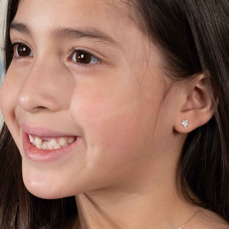 Small Pavé Diamond Star Stud Earrings, 14K White Gold