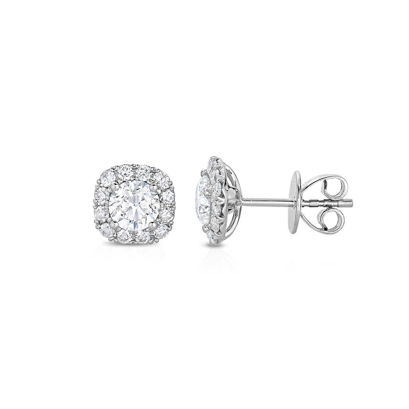 Square Diamond Halo Stud Earrings, 14K White Gold
