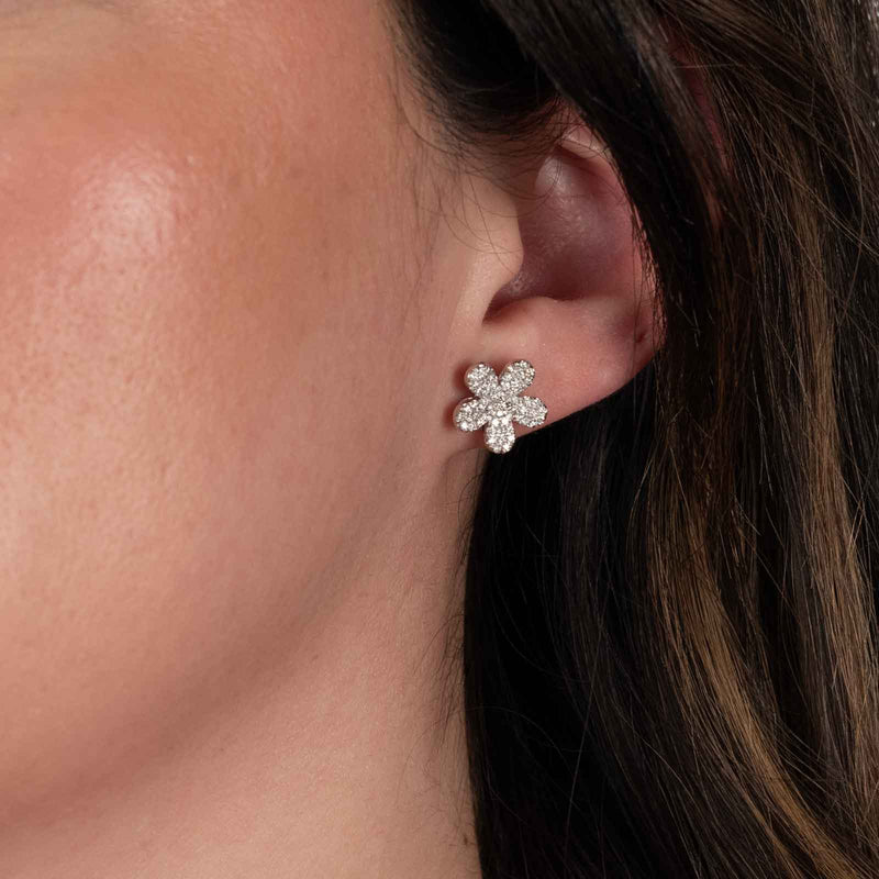 Pavé Diamond Flower Earrings, 14K White Gold