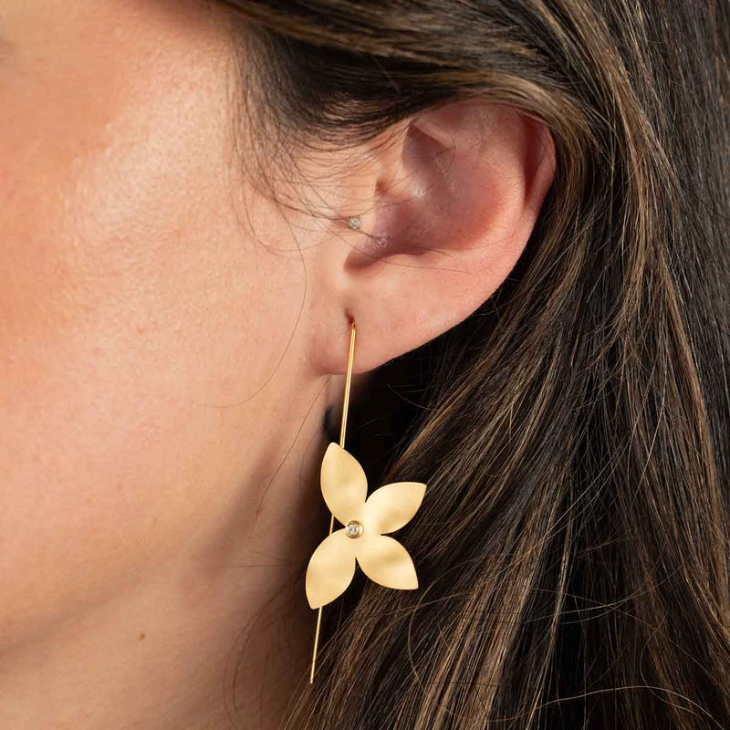 Diamond Flower Open Wire Earrings, 14K Yellow Gold