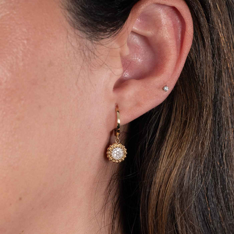 Round Pavé Diamond Cluster Dangle Hoops, 14K Yellow Gold
