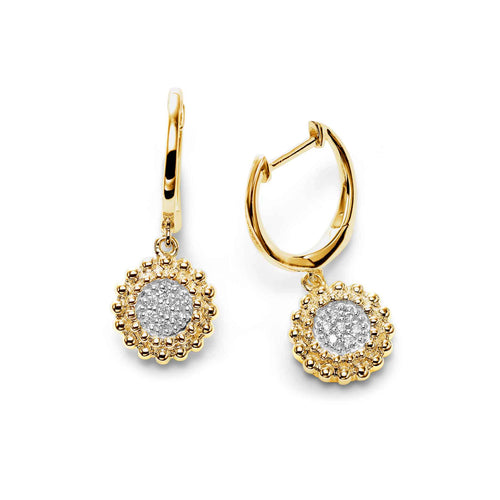 Round Pavé Diamond Cluster Dangle Hoops, 14K Yellow Gold