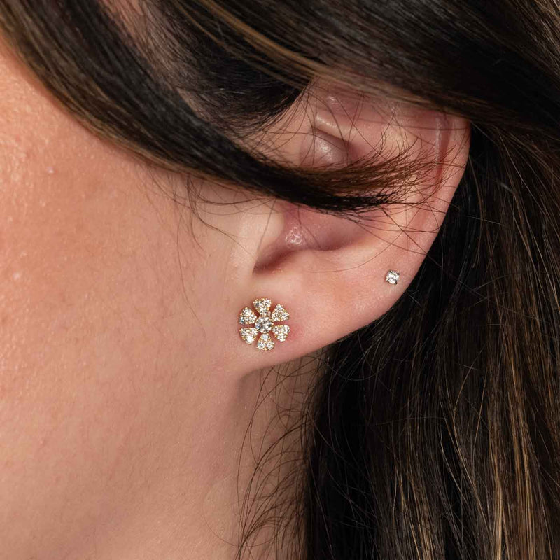 Pavé Diamond Flower Earrings, 14K Yellow Gold
