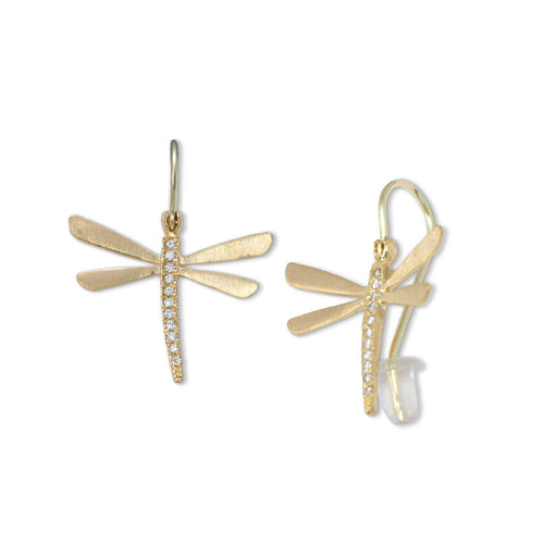 Dragonfly Earrings with Diamonds, 14K Yellow Gold