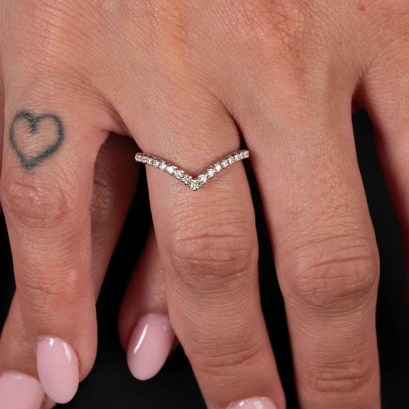 V Shaped Single Row Diamond Band, 14K White Gold