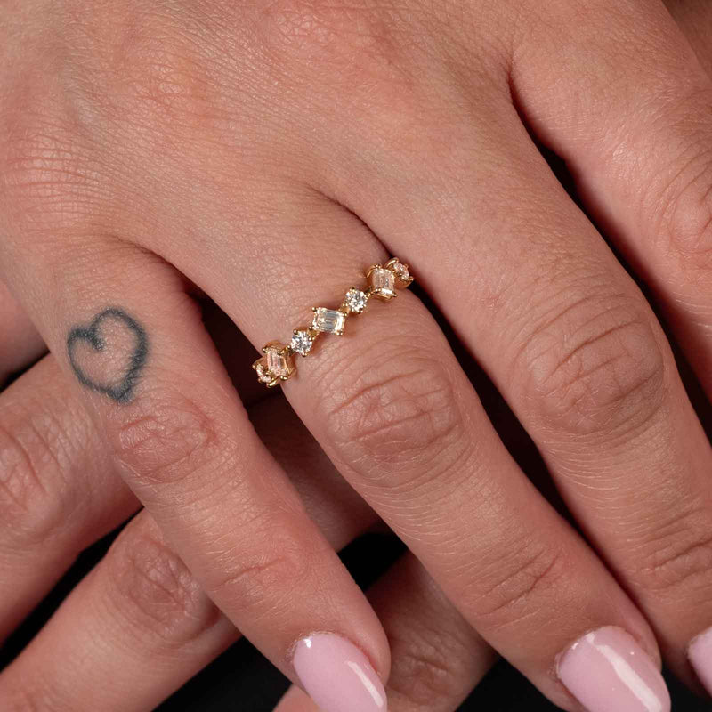 Round and Baguette Diamond Ring, 14K Yellow Gold
