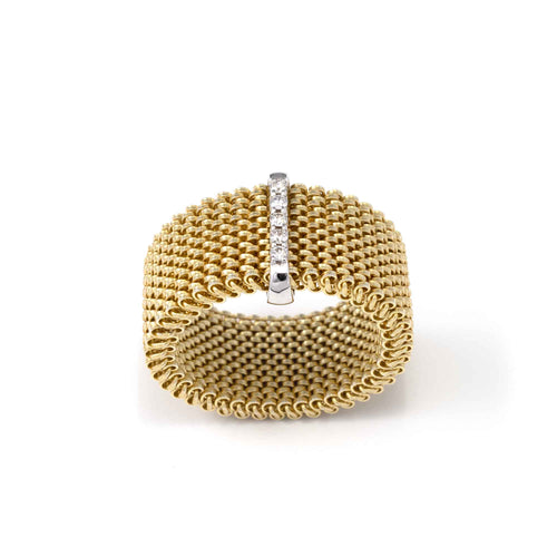 Wide Italian Mesh Ring with Diamonds, 18K Vermeil