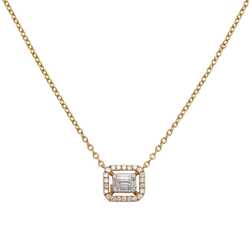 Baguette Diamond and Halo Necklace, 18K Yellow Gold