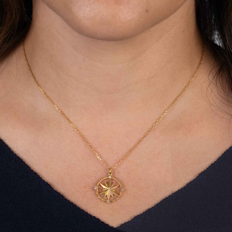 Diamond Compass Medallion Pendant, 14K Yellow Gold