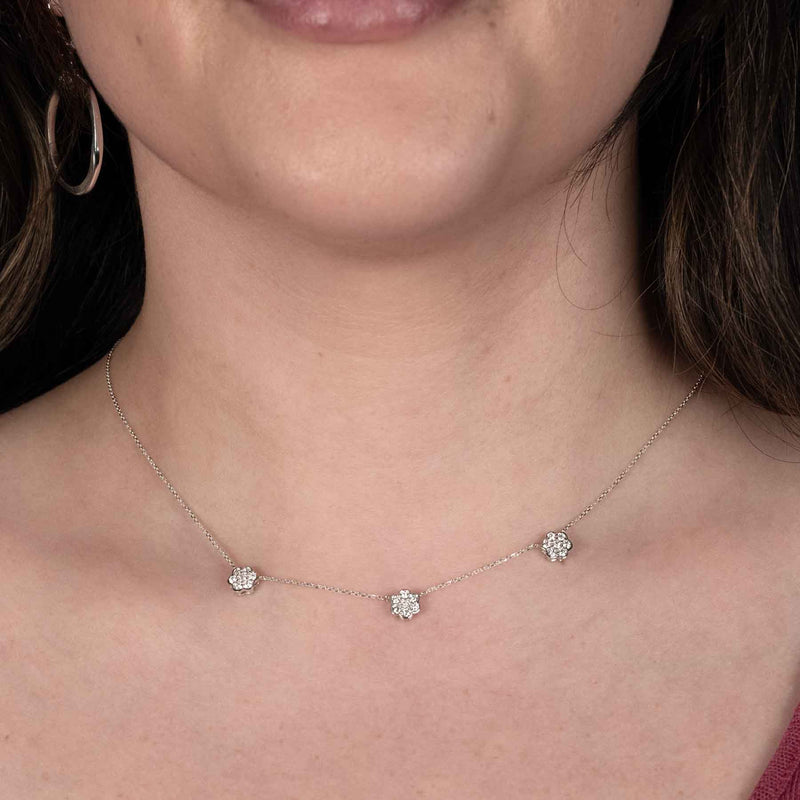 Diamond Floral Three Station Necklace, 14K White Gold