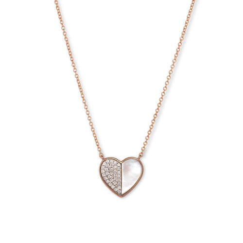 Small Pavé Diamond Heart, Mother Of Pearl, 14K Rose Gold