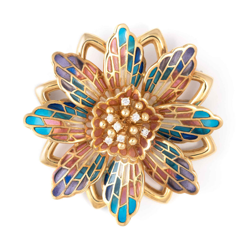 Pre-Owned Enamel Flower Pin, 18K Yellow Gold