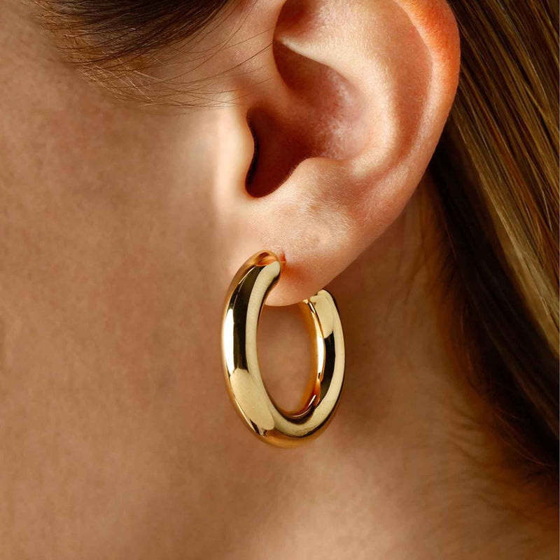 High Polish Tube Hoop Earrings, 1.20 Inches, 14K Yellow Gold