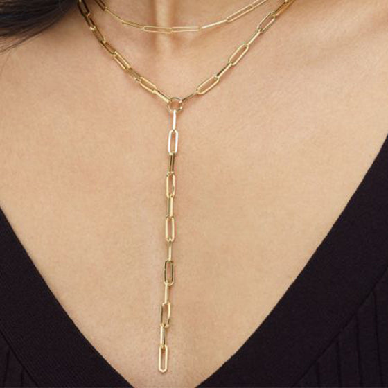 Lariat Style Paperclip Necklace, 14K Yellow Gold