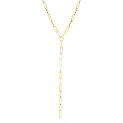 Lariat Style Paperclip Necklace, 14K Yellow Gold