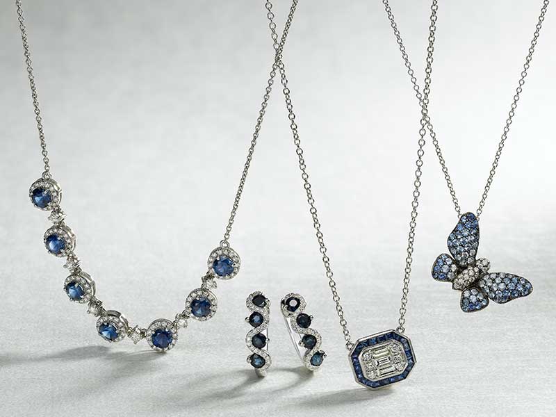 Blue sapphire and diamond necklaces, earrings and butterfly pendant