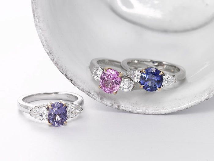 Pink, violet and blue sapphire rings with diamonds