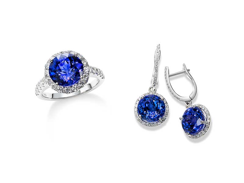 Tanzanite and diamond halo ring and drop earrings