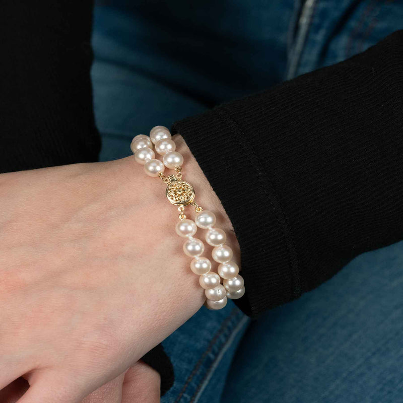 Double Akoya 7 x 6.5 MM  Cultured Pearl Bracelet, 14K Yellow Gold