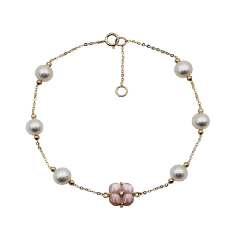 Potato Pearl and Mother of Pearl Flower Bracelet, 18K Yellow Gold