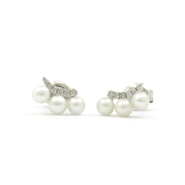 Triple Pearl and Diamond Stud Earrings, 14K White Gold