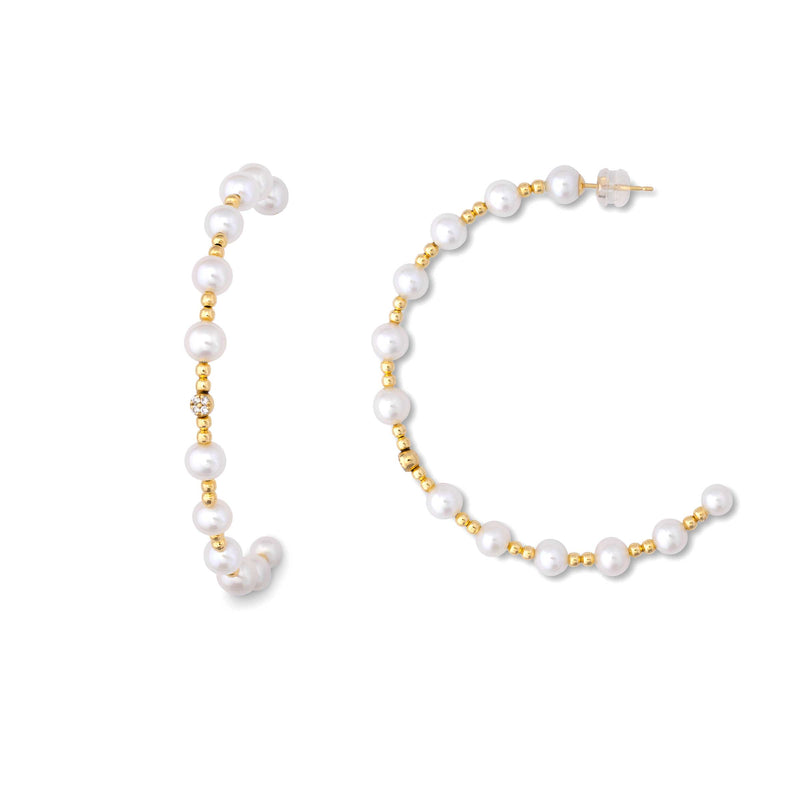 Half Hoop Freshwater Pearl Earrings, 18K Yellow Gold