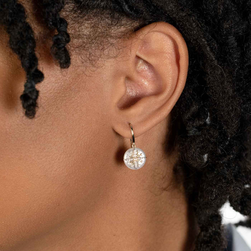 Coin Pearl and Diamond Drop Earrings, 14K Yellow Gold