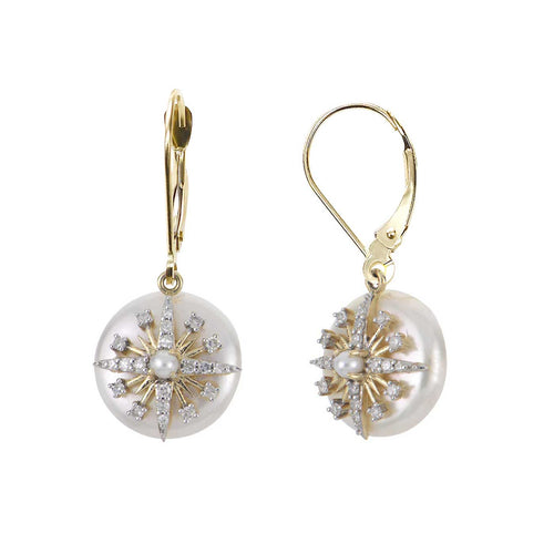 Coin Pearl and Diamond Drop Earrings, 14K Yellow Gold